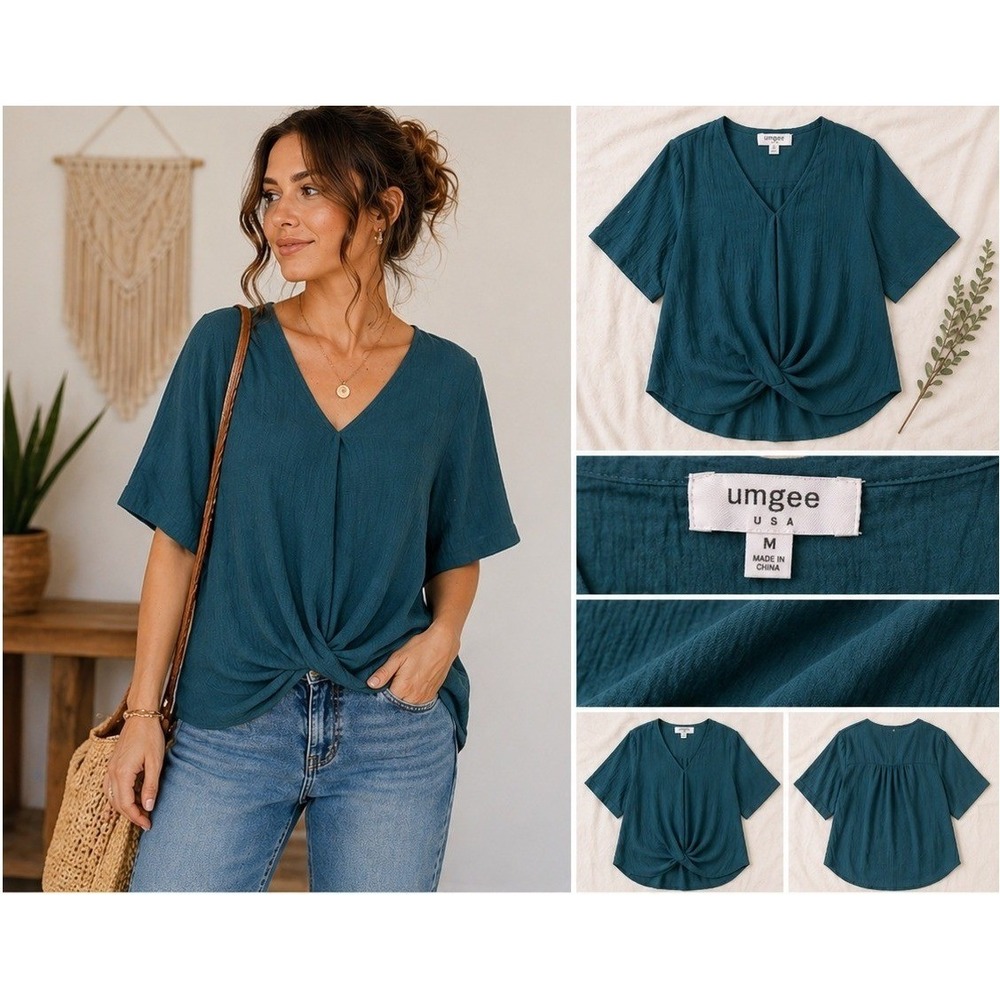 Umgee Twist Front Blouse W Med Teal Green Textured V-Neck Boho Bohemian Hippie